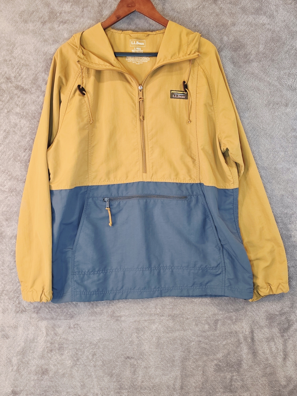 LL Bean Jacket Mens L Blue/Yell Mountain Classic Anorak 1/2 Zip Hood Windbreaker